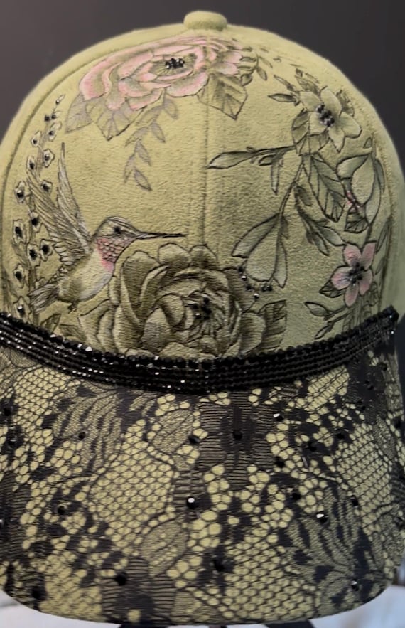 Hand-Burned Hummingbird Floral Vegan Suede Ball Cap, Black Lace Brim