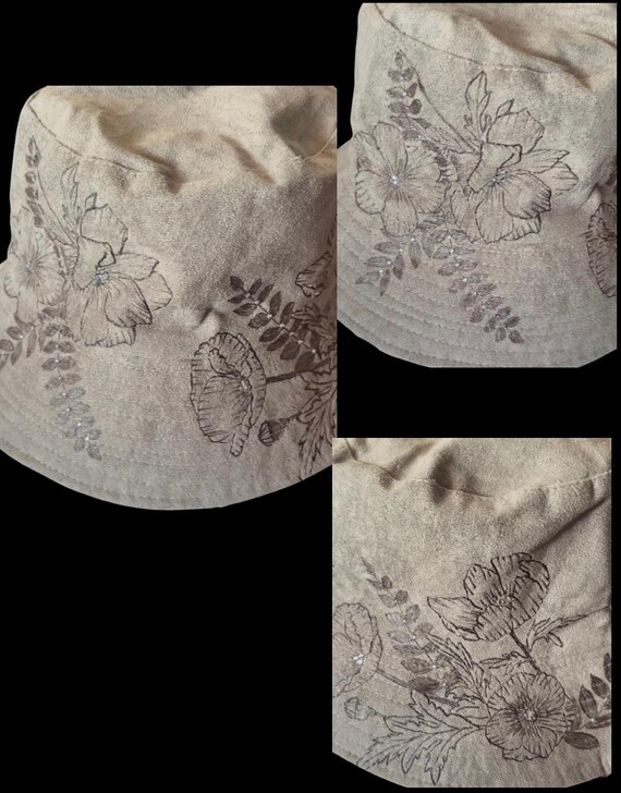 Reversible Faux Suede Grey Bucket Hat, Hand-Burned Flower, Winter Lined