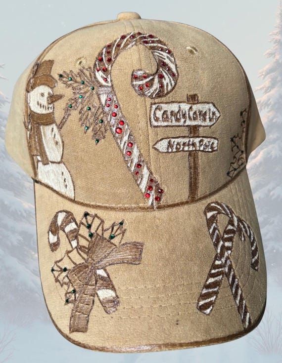 Hand-Burned and Hand-Painted Candy Cane Lane Holiday Ball Cap with Rhinestones