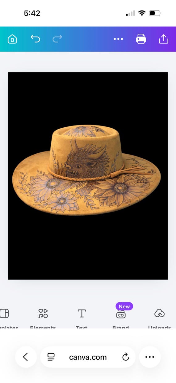Hand-Burned Hodag Sunflowers Fedora Hat, Khaki Brown Suede Wearable Art