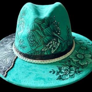 Finished custom example: teal butterfly and dragonfly floral fedora