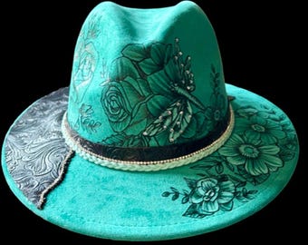 Custom Hand-Burned Short Brim Fedora, Personalized Vegan Suede Hat in Your Color and Design, Made to Order Wearable Art