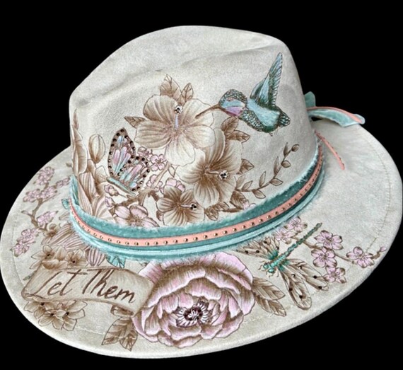 Butterfly dragonfly hummingbird floral Fedora! Hand-burned using a wood burning tool. Hand painted accents, bronze & rose gold rhinestones.