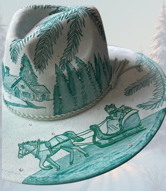 Hand-Burned Vegan Suede Fedora, Winter Sleigh Ride Art