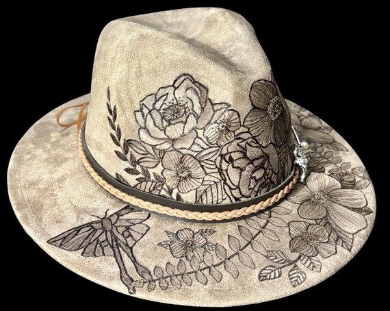 Hand-Burned Floral Butterfly/Luna Moth, Faux Suede Fedora Hat, with bling