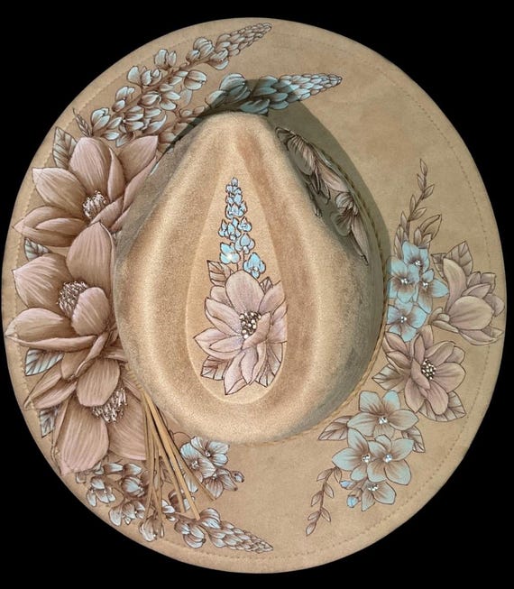 Tan Wide Brim Hat, Hand-Burned Blue Bonnet Magnolia Floral Design