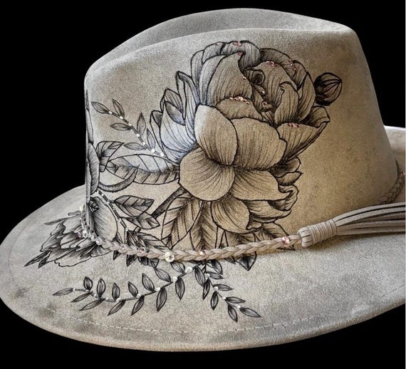 Beautiful Fedora! Peonies are hand-burned using a wood burning tool. Rhinestones added for a bit of sparkle.
