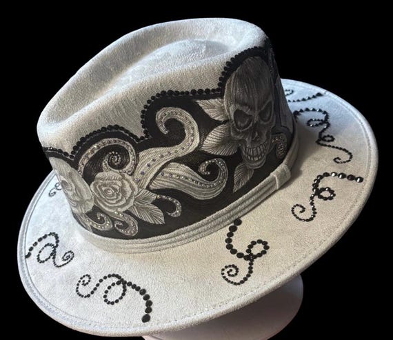 Skulls and roses, hard body short brim fedora, size M,Hand-burned, water resistant painted,tons of rhinestones attached by hand.