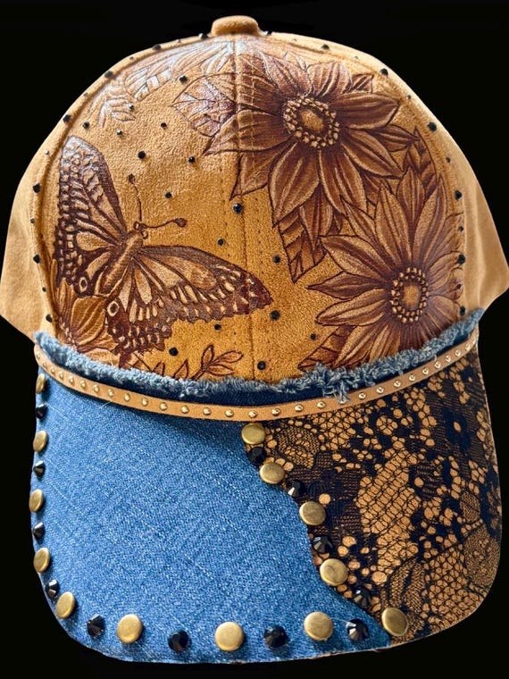 Hand-Burned butterfly and sunflower, Vegan Suede Ball Cap, Black Lace Brim, denim, rhinestones and rivets