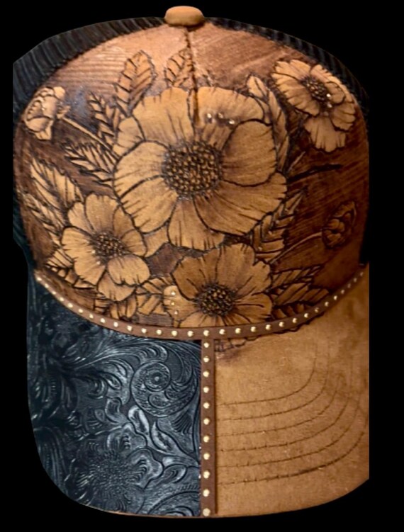 Hand-Burned trucker hat, hand-burned floral w/ gold Rhinestones & tooled leather brim. Add free personalized wording burned on brim!
