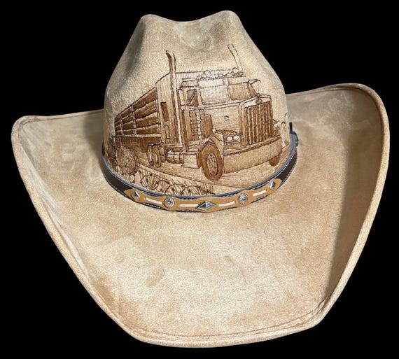 Hand Burned Trucker Cowboy Hat, Vegan Suede