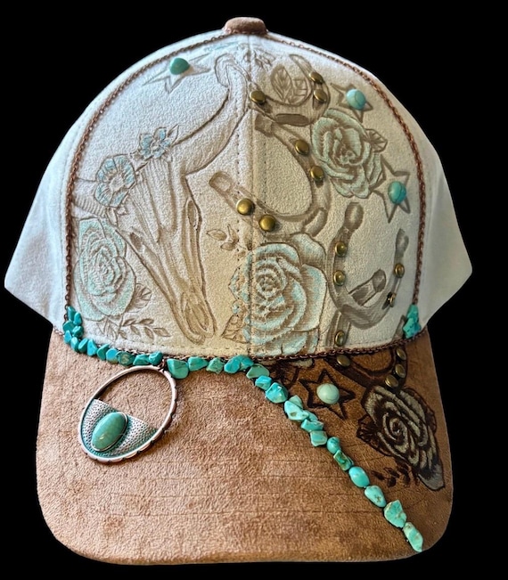 Hand-Burned Vegan Suede  Cap with  Turquoise, Western bull skull, horseshoes and roses. Cowgirl Style
