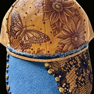 Finished custom example: butterfly and sunflower cap with lace brim