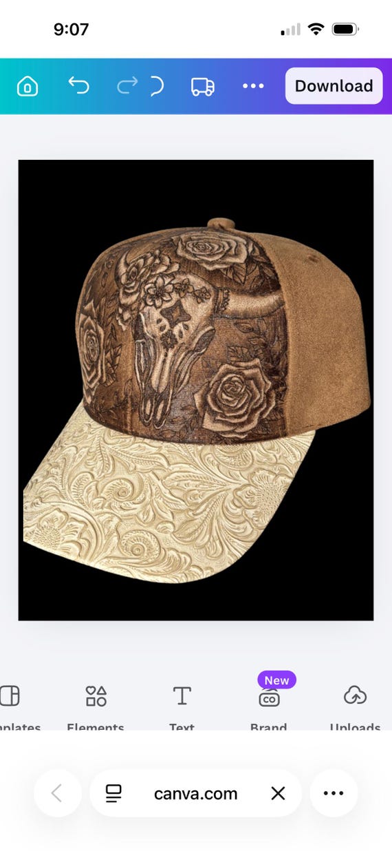 Hand-Burned Steer Skull Floral Vegan Suede Ball Cap (One Size)