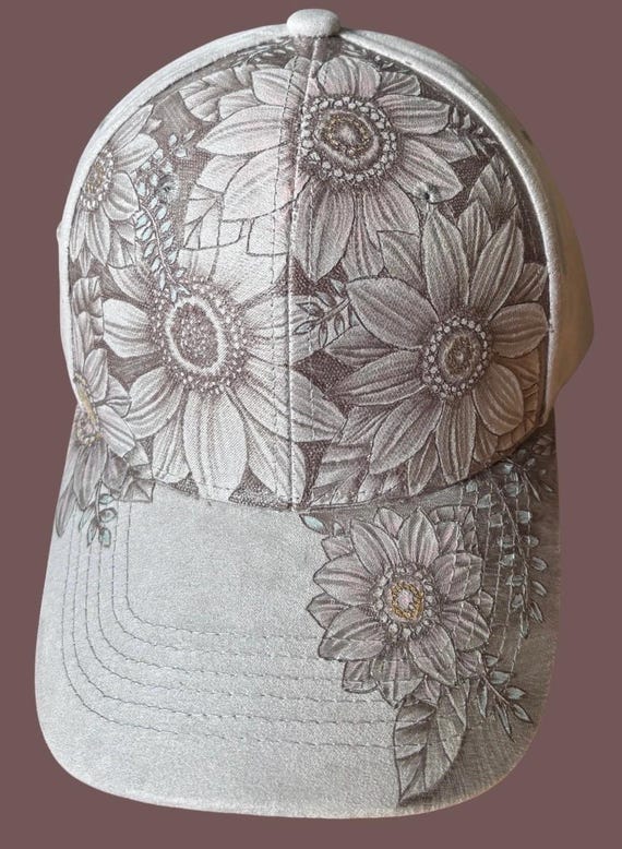 Subtle sunflowers reverse burned , hand-burned Vegan (faux) suede beige ball cap with slide adjustment back. Some subtle painted accents.