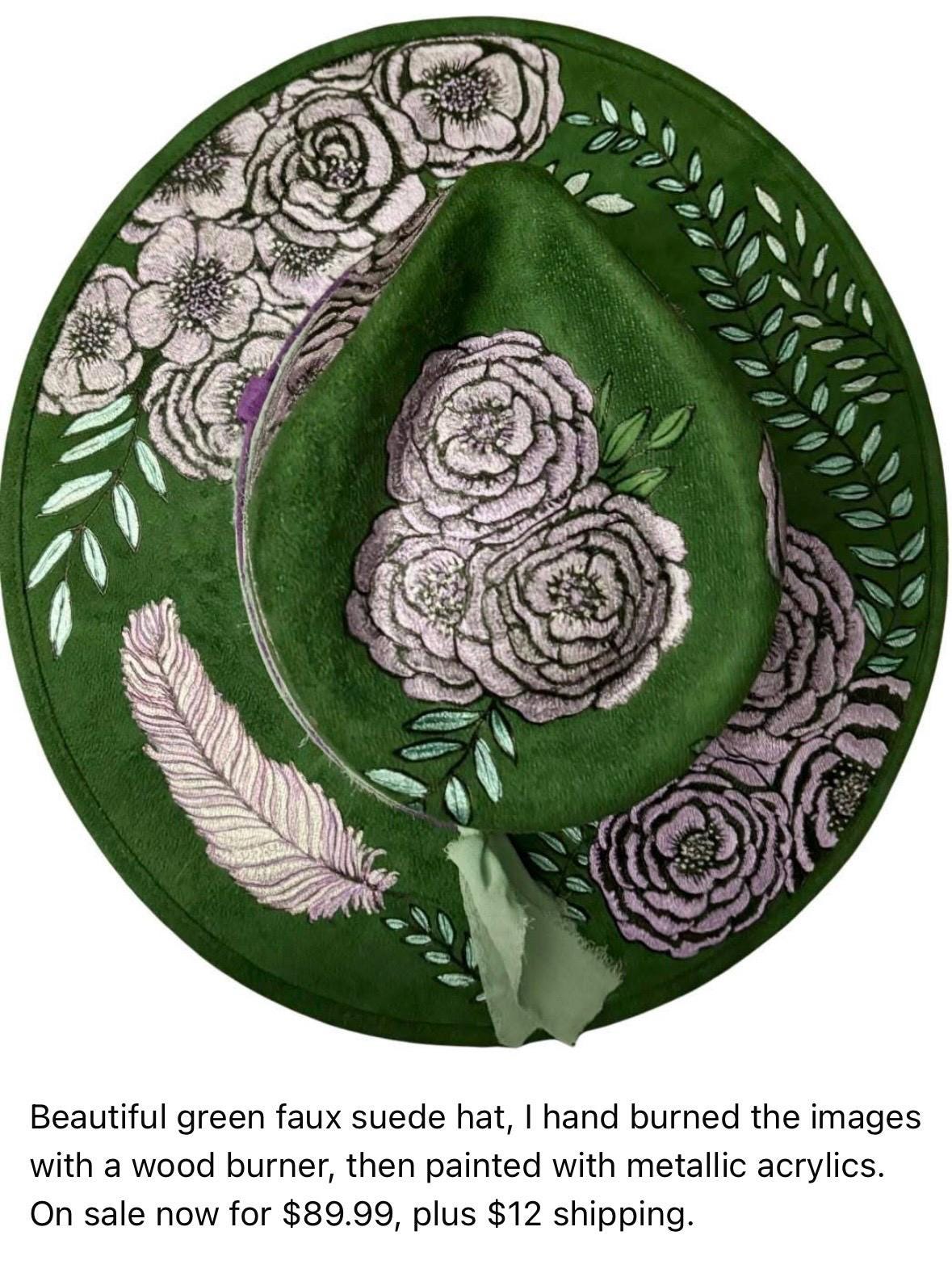 Hand-burned Floral Faux Suede Wide Brim Hat, Emerald Green  display picture 3