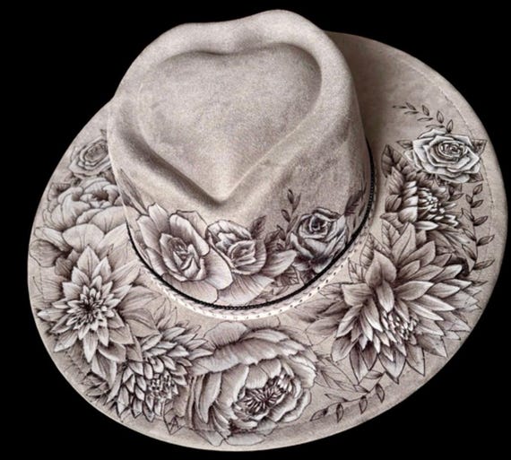 Hand-Burned Floral Vegan Suede Heart Crown Hat, Custom Order Wide Brim Fedora