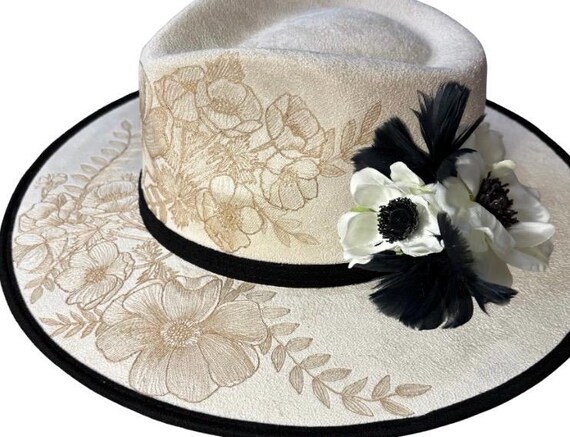 Elegant black & white, 3 looks in 1, Hand-Burned Vegan Suede Wide Brimmed Hat