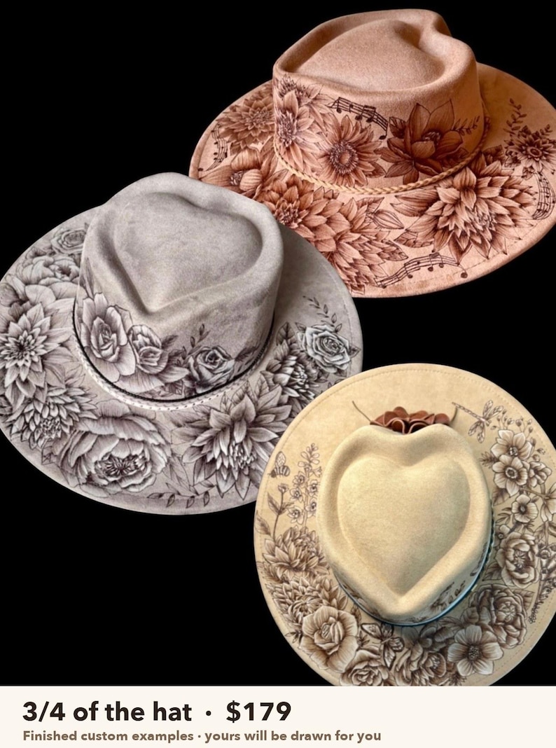 Finished custom examples with 3/4 of the hat burned, $179 tier