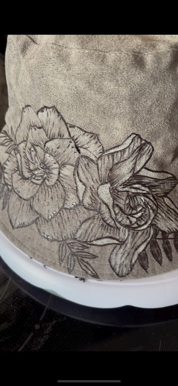 Reversible Faux Suede Grey Bucket Hat, Hand-Burned Gardenias, Winter Lined