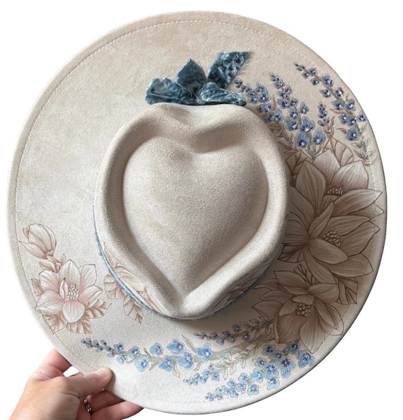 Custom Hand-Burned Painted Vegan Suede Heart Crown Hat, Floral Design