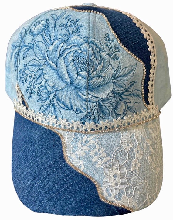 Hand-Burned peony, light blue Vegan Suede Ball Cap, white Lace Brim, denim, and rhinestones