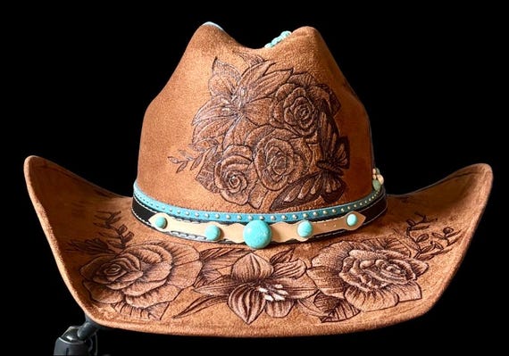 Hand-Burned Faux Suede Cowboy Hat, Floral Butterfly Design, Turquoise Accents (Size Large)