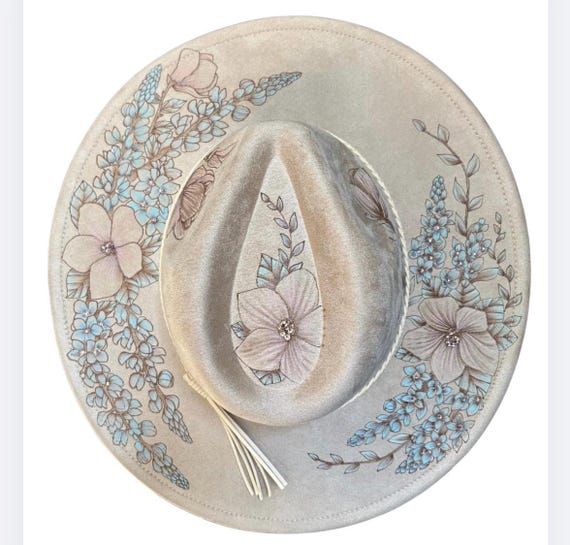 MADE-TO-ORDER Beige Hand-Burned Blue Bonnet & Magnolia. Subtle painted colors of muted pink, pale blue, and light green. Swarovski crystals