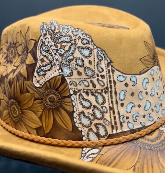 Bandana print horse & sunflowers. Hand-Burned Faux Suede khaki brown Cowboy Hat. Highly detailed free-hand design, permanent paint on horse.