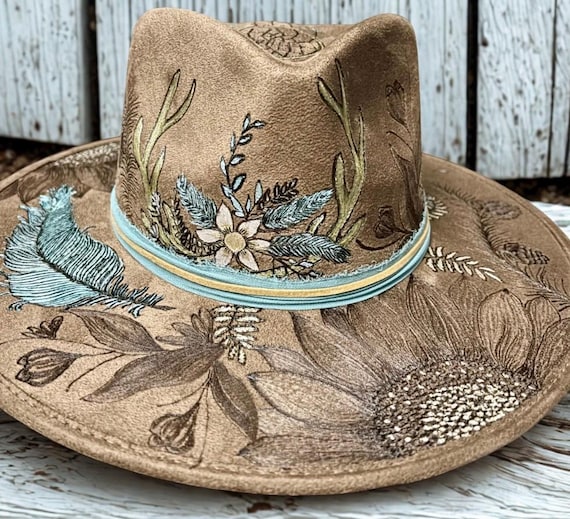 Deer Antler Rustic Elegance Hand-Burned Vegan Suede Wide Brimmed Hat
