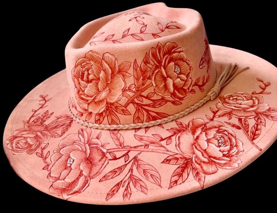 Beautiful coral peonies! Peonies and dragonflies are hand-burned. Heart shaped crown, sparkling rhinestones.