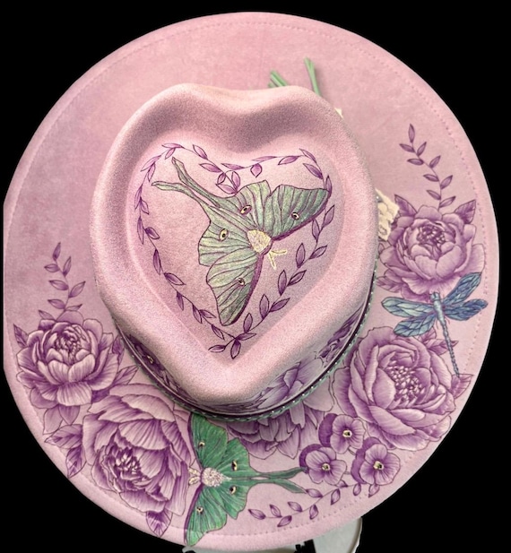 Lavender Heart Crown Hat, Hand-Burned Luna Moths, Peonies, Pansies, Vegan Suede