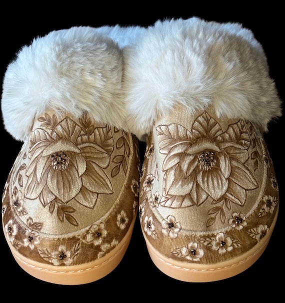 Magnolia flower Hand-Burned  Slippers, with small copper rhinestones, Women's Size 7/8
