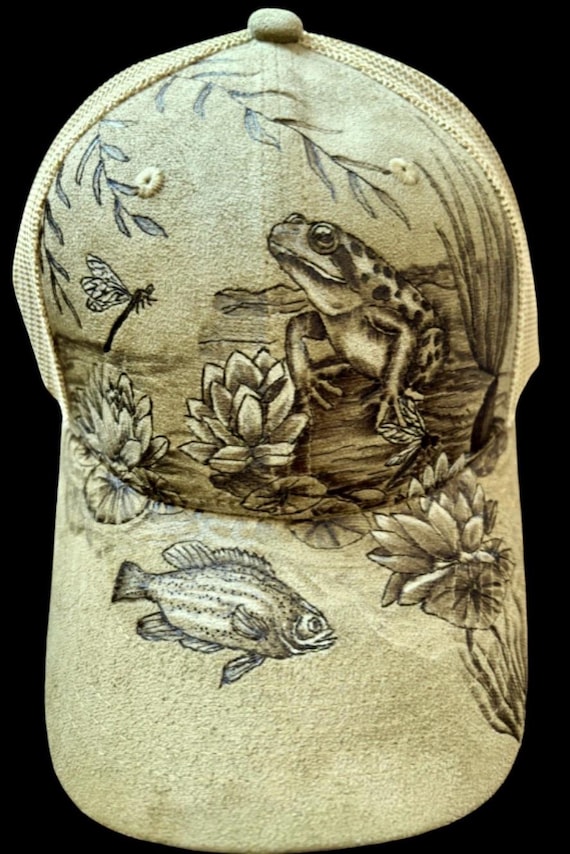 Hand-Burned Frog Lake Scene Ponytail Ball Cap, Faux Suede Wearable Art