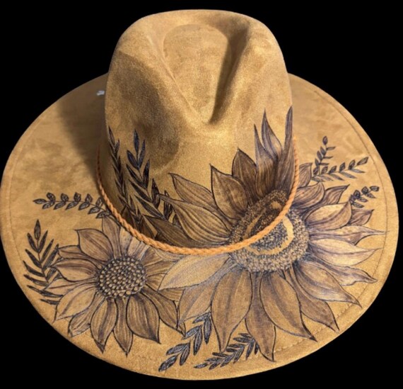 Sunflower floral Rustic Elegance Hand-Burned Vegan Suede Wide Brimmed Hat