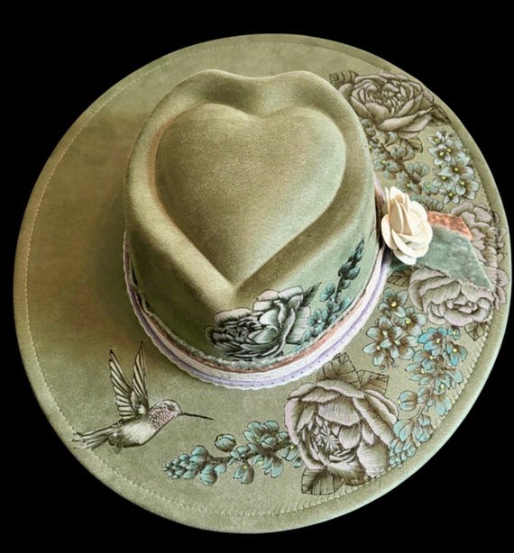 Hummingbirds, made to order, Hand-Burned & hand-painted Vegan Suede Wide Brimmed Hat. Gorgeous thicket green with heart shape crown.