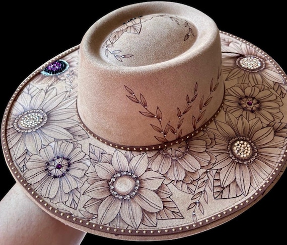 Hand-Burned Oval top Wide Brim Hat, free-hand Floral Design with rhinestones and faux leather accents.