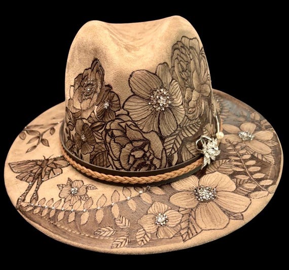 Hand-Burned Sparkling Floral Luna Moth Fedora, Taupe Vegan Suede Hat, Specialty Bling Band