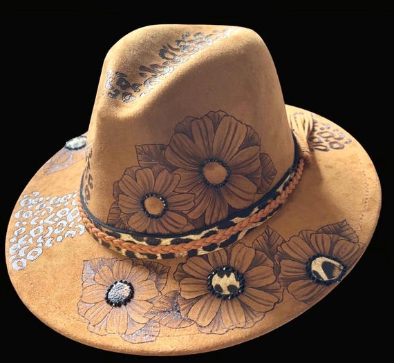 Cheetah Floral short brim fedora, hand-burned using a wood burning tool. Exquisite shading and details, and specialty hat band.