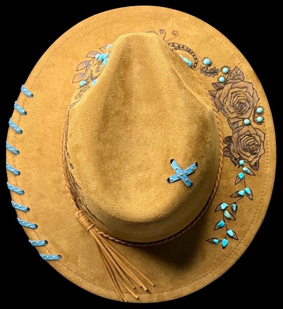 Hand-Burned Vegan Suede Fedora Hat, Floral Paisley, Turquoise, Leather Lacing