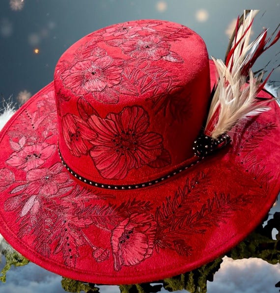 Red Elegance Hand-Burned Vegan Suede Wide Brimmed Hat, round dome, flowers, rhinestones, feathers