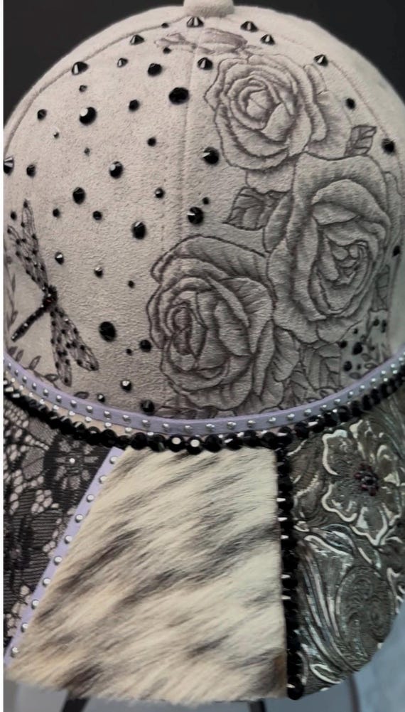 Hand-Burned Dragonfly Roses Vegan Suede Ball Cap, Black Purple Rhinestones, Cowhide Lace Brim