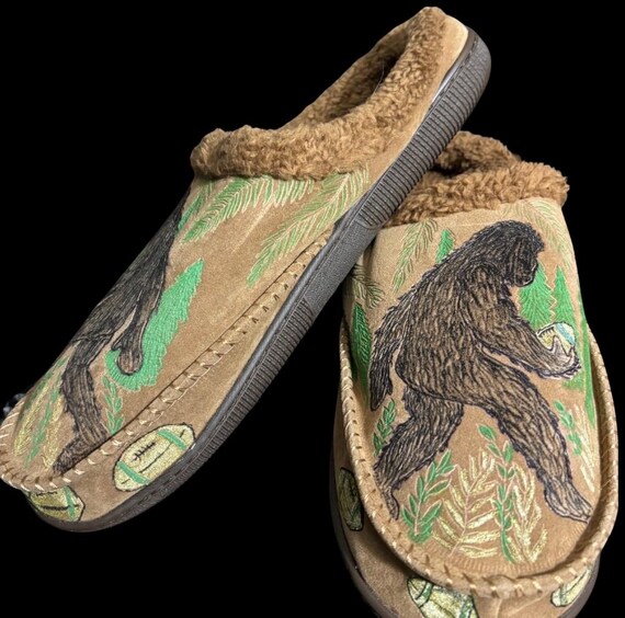 Sasquatch hand-burned and painted slippers.
