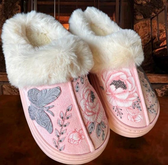Butterfly peony  Hand-Burned and painted pink Slippers, with grey pearl embellishments, Women's Size 9/10, rubber sole