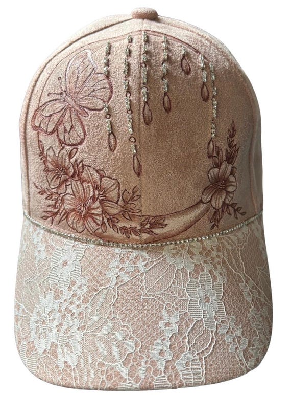 Hand-Burned whimsical moon design, dusty pink Vegan Suede Ball Cap, white Lace Brim, and rhinestones