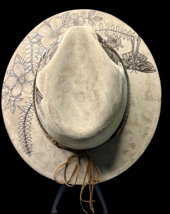Hand-Burned Floral Luna Moth Fedora, Taupe Vegan Suede Hat, Specialty Bling Band