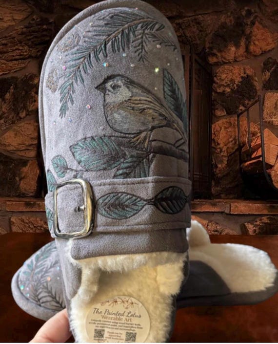 Bird in the pines slippers, Hand-Burned and painted  Women's Size 9/10, irredescent rhinestones