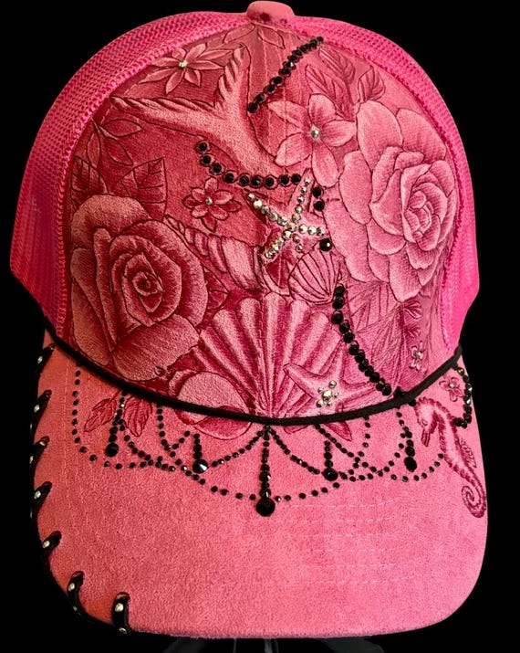 Bling beach theme, sea shells and roses, hand-burned Vegan (faux) suede mesh back ball cap. Hand attached rhinestones.