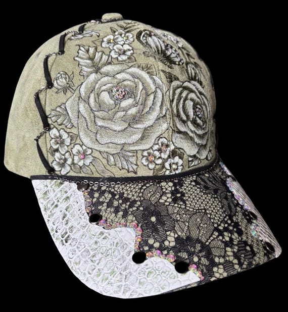 Free-hand, Hand-Burned, Floral, sage green  Ball Cap, Black Lace Brim, alligator faux leather, pewter chain and rivets, rhinestones.