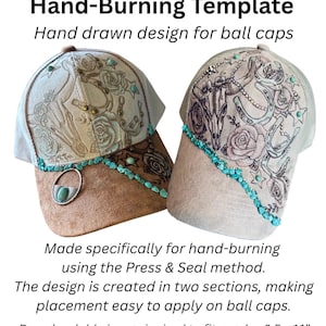May include: Two ball caps featuring Western-themed hand-burning designs with skulls, roses, horseshoes, and stars. The caps are decorated with turquoise beads and metal accents. Text reads: Western Superstar Hand-Burning Template.